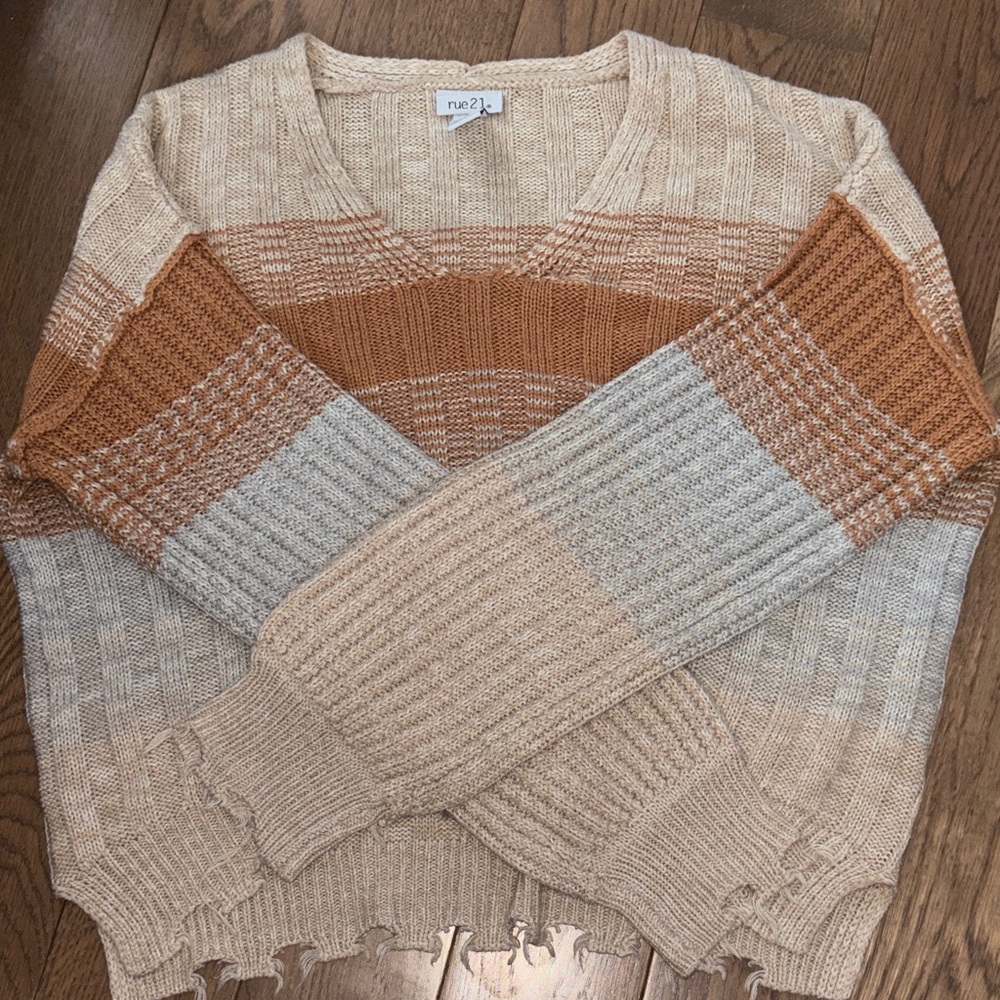 Rue21 V-Neck Striped Sweater - Beige, Orange, Gray